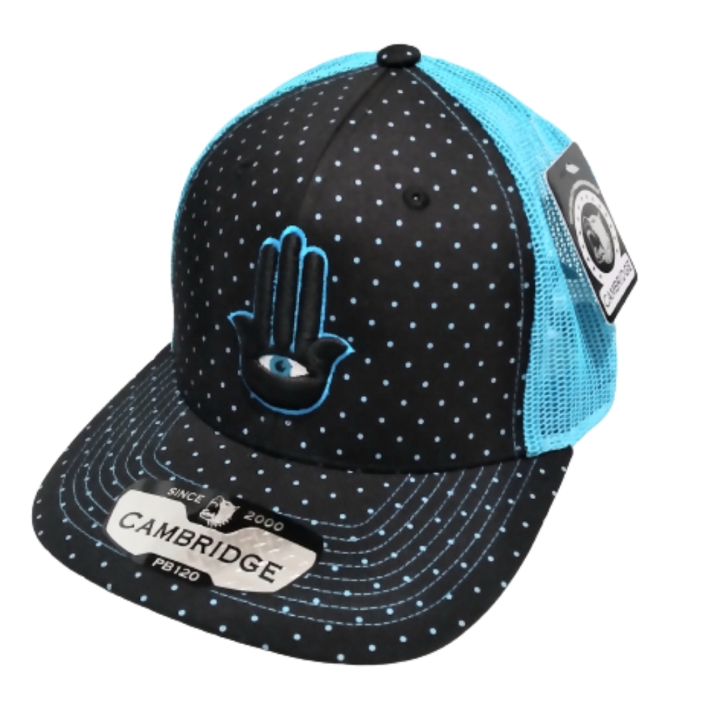 Spiritual Hamsa Hand 3rd Eye 3D Embroidered Polka Dot Mesh Trucker Hat Aqua Blue